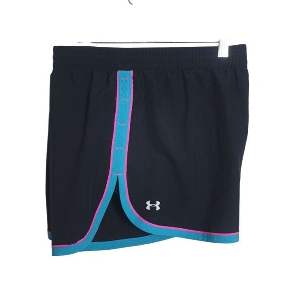 Under Armour Womens Running Shorts XL Black HeatGear Pink & Blue Trim Athletic - Picture 1 of 6